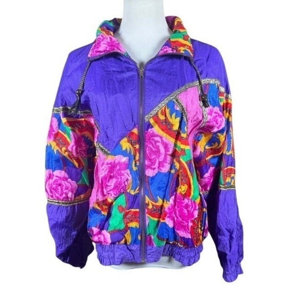 Olympic Exposure Windbreaker Womens M LN 1302 Purple Floral 90s Retro Vtg Jacket